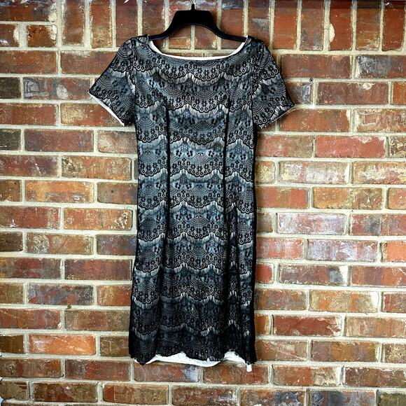 Shabby Apple Lined Black Lace‎ Short Sleeve Boat Neck Midi Party Dress Size 0/2 - Picture 2 of 8